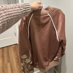 Embroidered Floral Tan Bomber Jacket